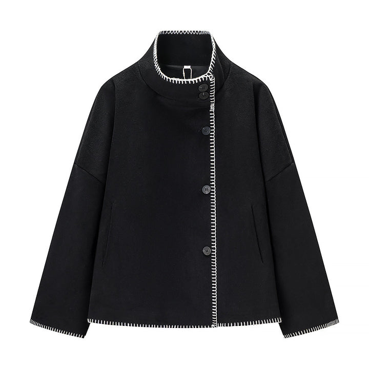 Women's Short Wool Cape Coat with Stand Collar, Contrast Stitching and Snap Button Closure Mune Fashion