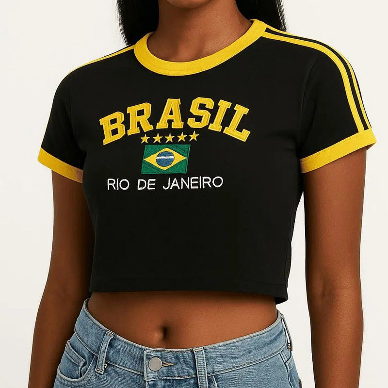 Women's short cotton crop shirt with round neck and Brazil print Mune Fashion