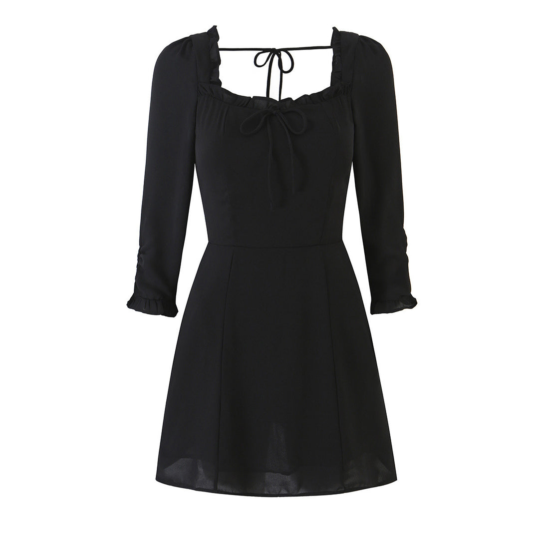 Women's A-line mini dress with ruffled square neckline, tailored silhouette, and tie straps Mune Fashion