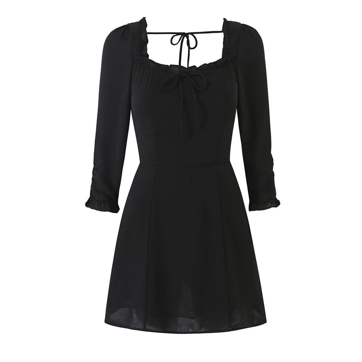 Women's A-line mini dress with ruffled square neckline, tailored silhouette, and tie straps Mune Fashion
