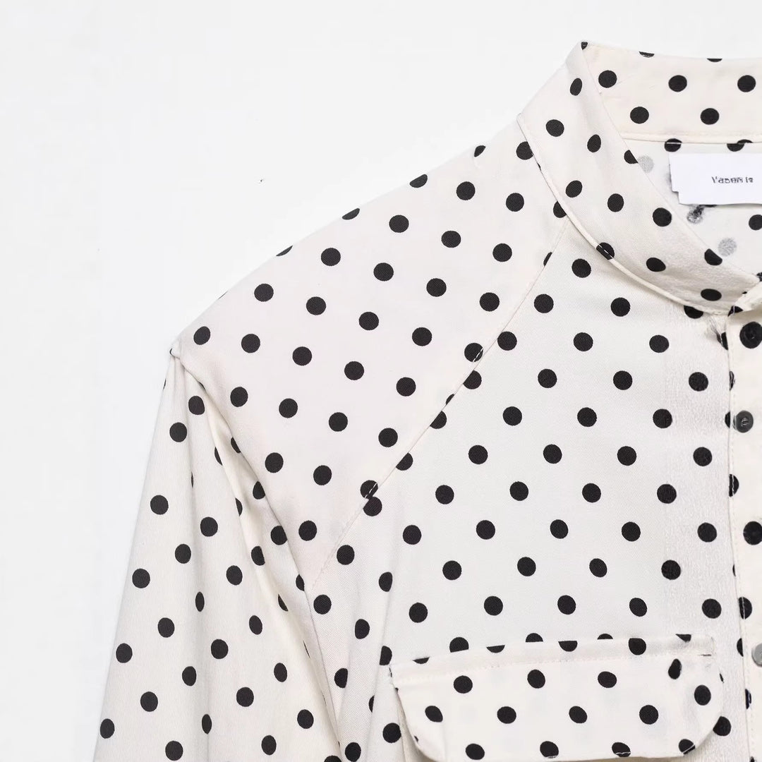 Women's Tailored Blouse Jacket with Stand Collar, Tie Belt and Polka Dot Print Mune Fashion