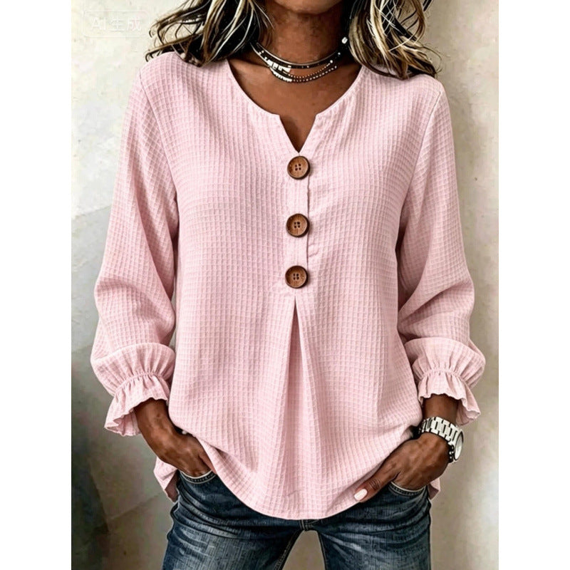 Women's Loose Cotton-Style Tunic Shirt with Decorative Button Placket and Pleat Mune Fashion
