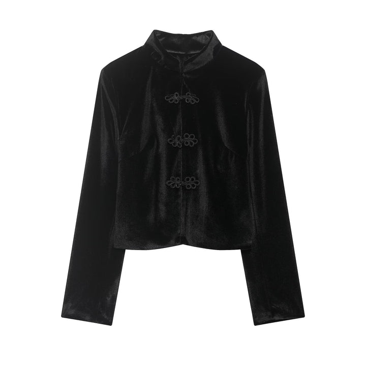 Women Short Blazer Jacket with Standing Collar and Knot Closures Mune Fashion