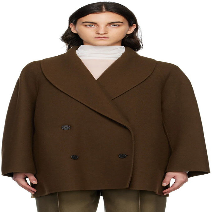 Women Short Cut Oversized Double Breasted Wool Blend Coat with Round Shawl Collar Mune Fashion