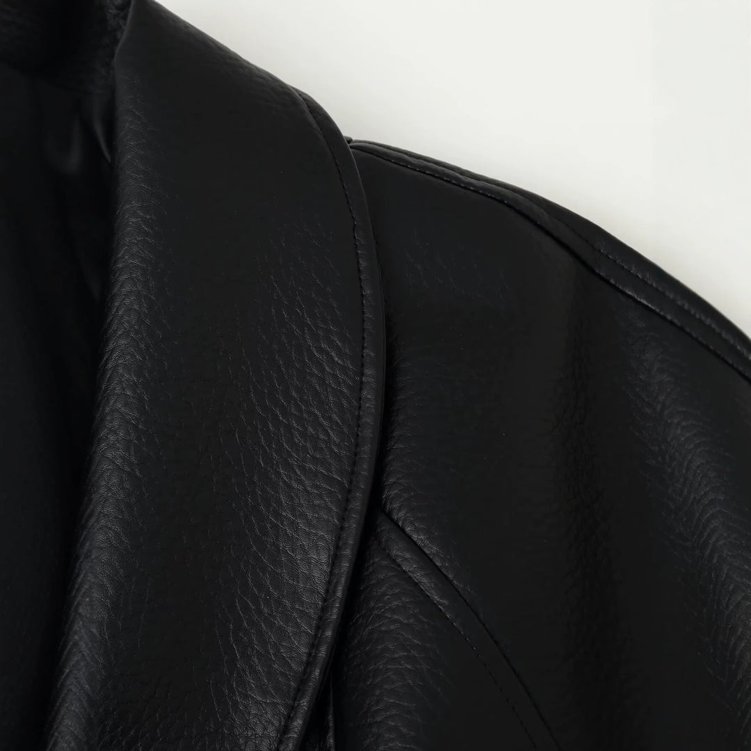 Women Tailored Faux Leather Jacket with Shawl Collar and Tied Belt Drune