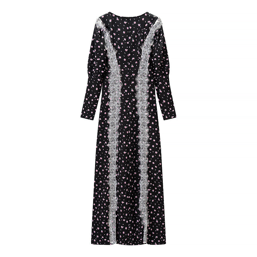 Ladies max dress with lace insert, long sleeves and floral all-over print Mune Fashion