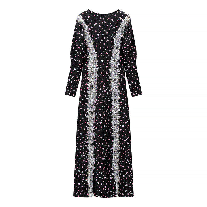 Ladies max dress with lace insert, long sleeves and floral all-over print Mune Fashion