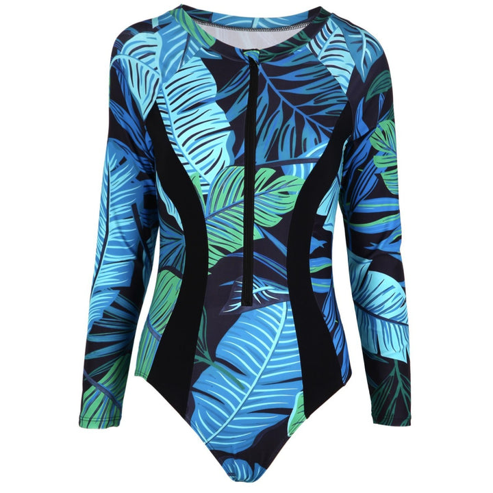 Ladies Sporty Long Sleeve Swimsuit with Zipper and Floral Pattern Mune Fashion
