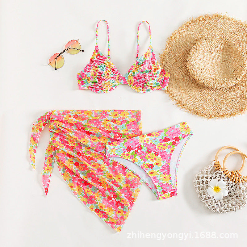 Women Push-Up Bikini Set with Floral Wrap Skirt Mune Fashion