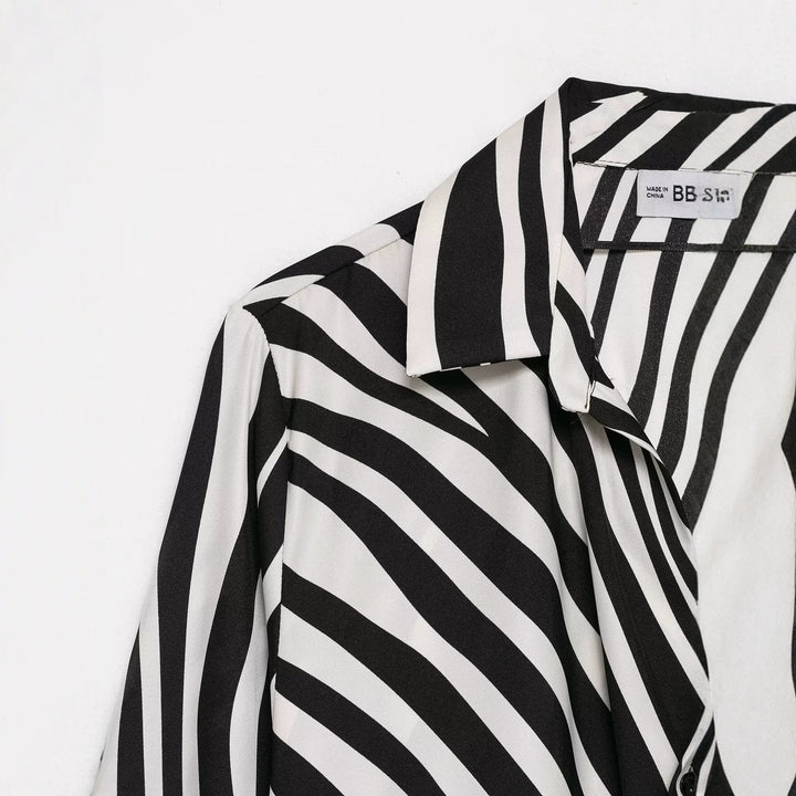 Women's Silky Oversize Blouse with Zebra Stripes and Feather Trim Mune Fashion