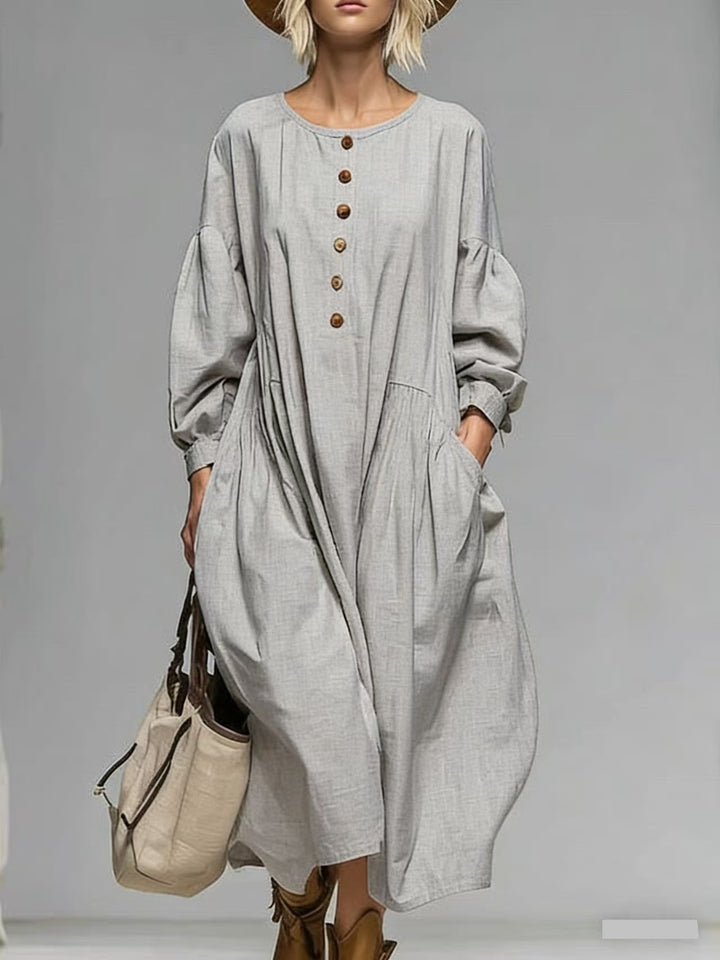 Women's Casual Midi Dress with Button Placket, Balloon Sleeves and Side Pockets Mune Fashion