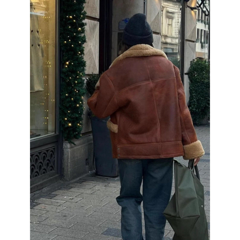 Women's Oversize Sheepskin-Look Aviator Jacket with Voluminous Shawl Collar Mune Fashion