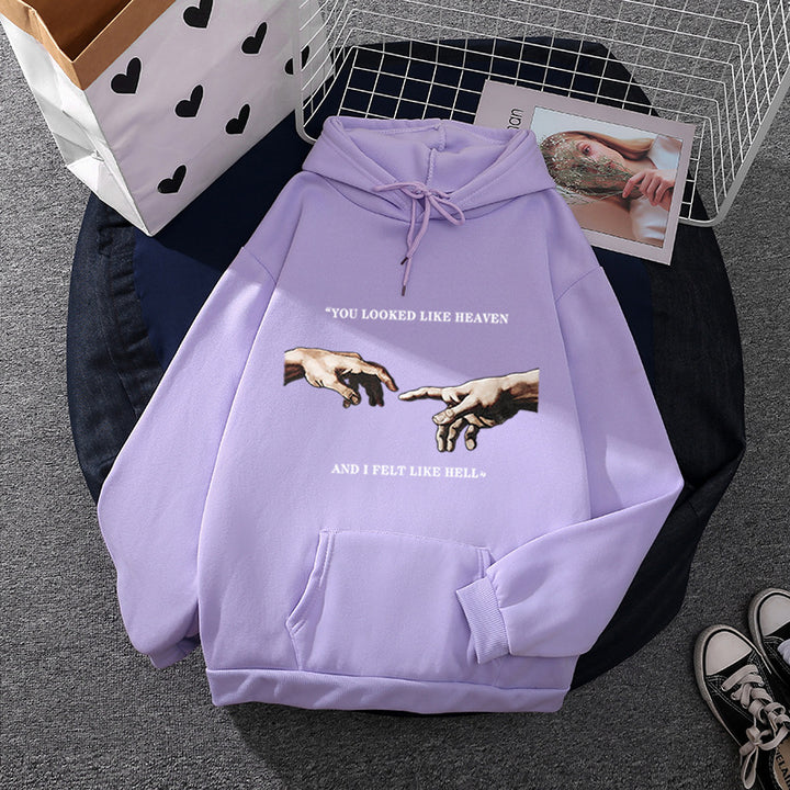 Women's oversized hoodie with kangaroo pocket and Renaissance hand design, soft fleece lining Mune Fashion
