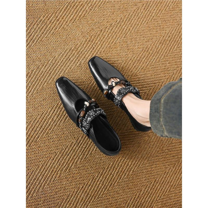 Women Embellished Loafer Mules with Square Toe and Pearl Strap Mune Fashion