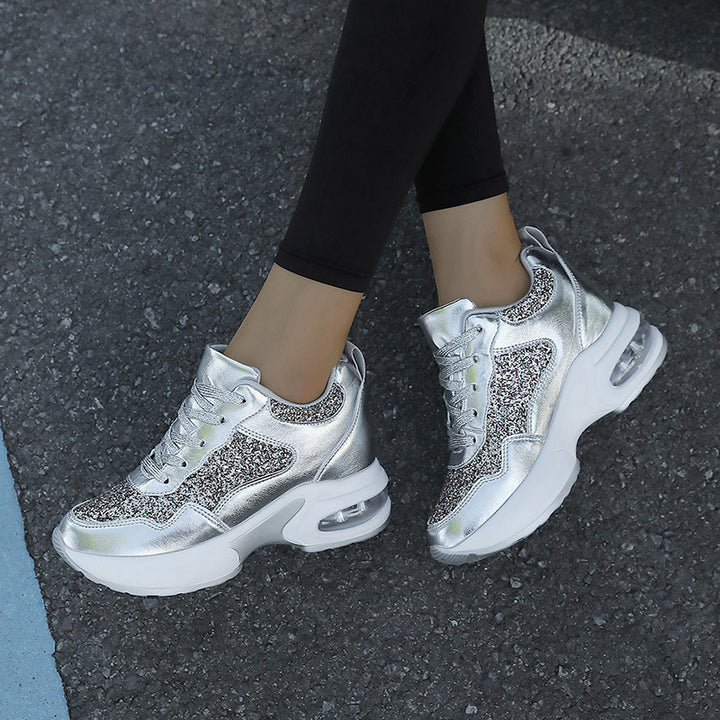 Ladies' fashionable platform sneakers with glitter accents and visible air cushioning Mune Fashion
