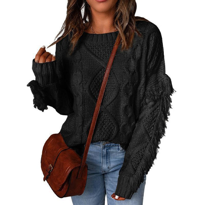 Women chunky knit sweater with cable knit structure, fringed sleeves and casual oversized fit Mune Fashion