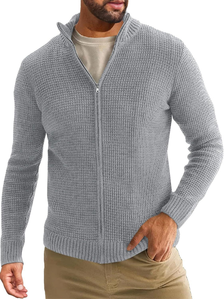 Men's Zip-Up Cardigan with Waffle Texture and Stand-Up Collar Mune Fashion