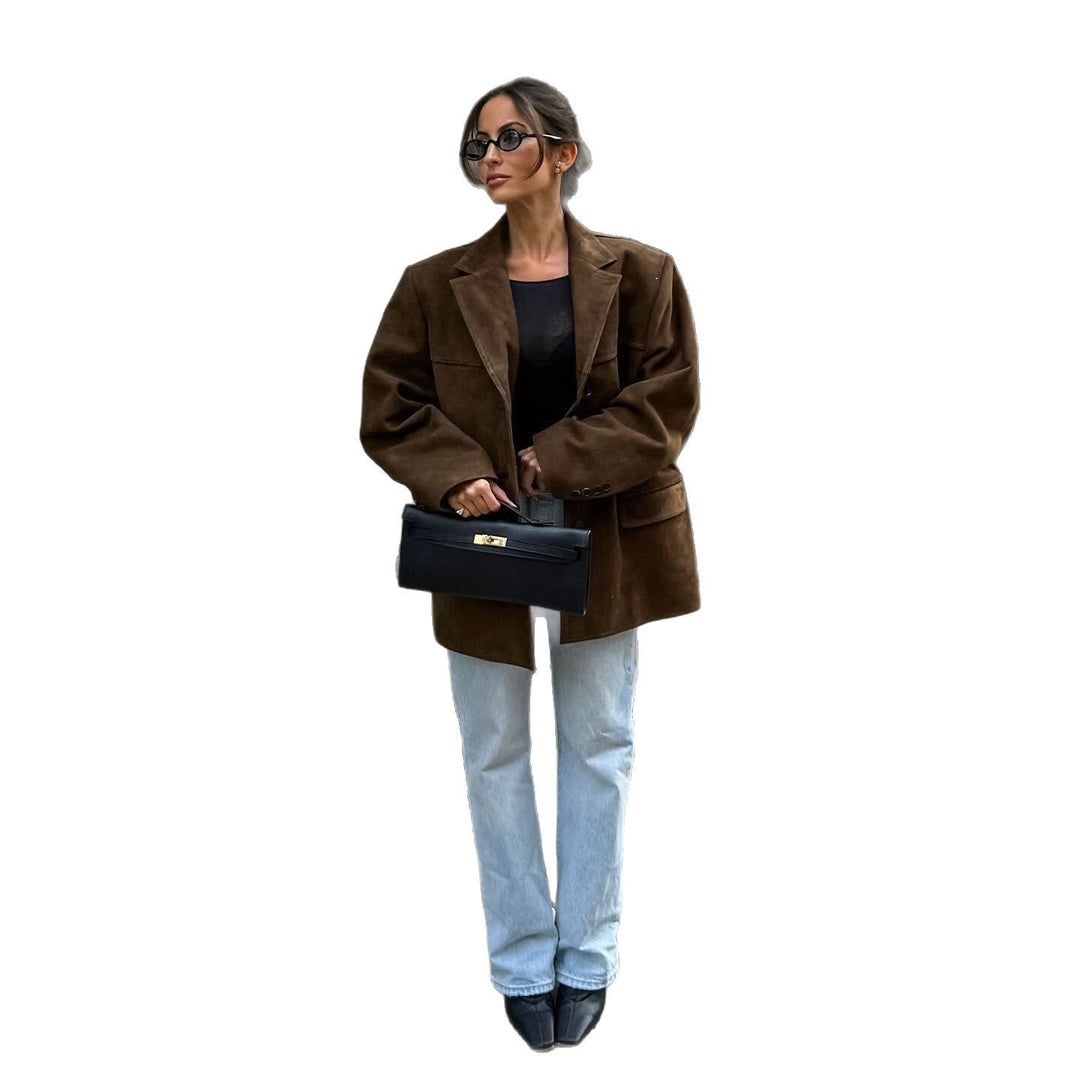 Women's Oversized Suede Blazer with Lapel Collar and Flap Pockets Mune Fashion
