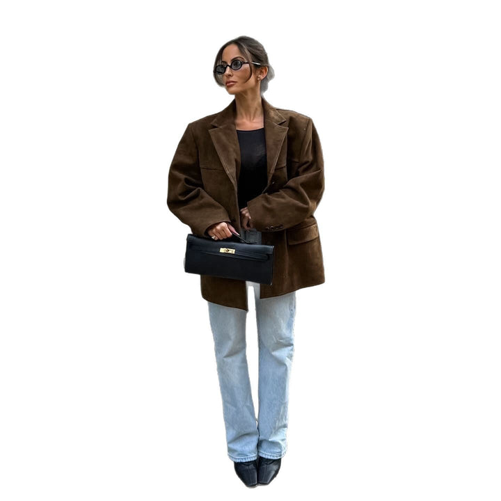 Women's Oversized Suede Blazer with Lapel Collar and Flap Pockets Mune Fashion