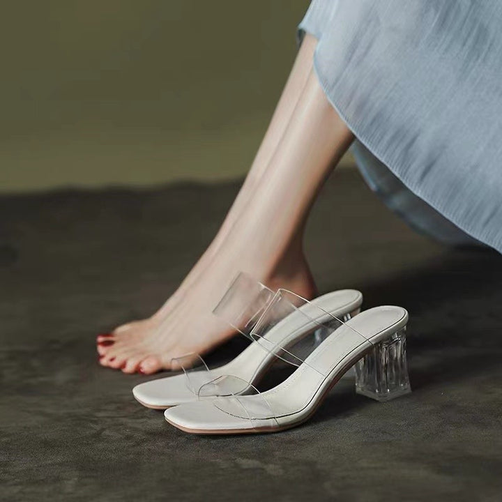 Women Minimalistic Double Strap Mules with Transparent Upper Material and Geometric Block Heel Mune Fashion