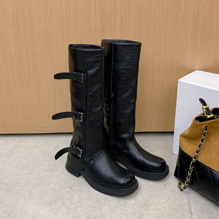 Women’s calf-high boots with triple belt buckle and profiled platform sole Mune Fashion