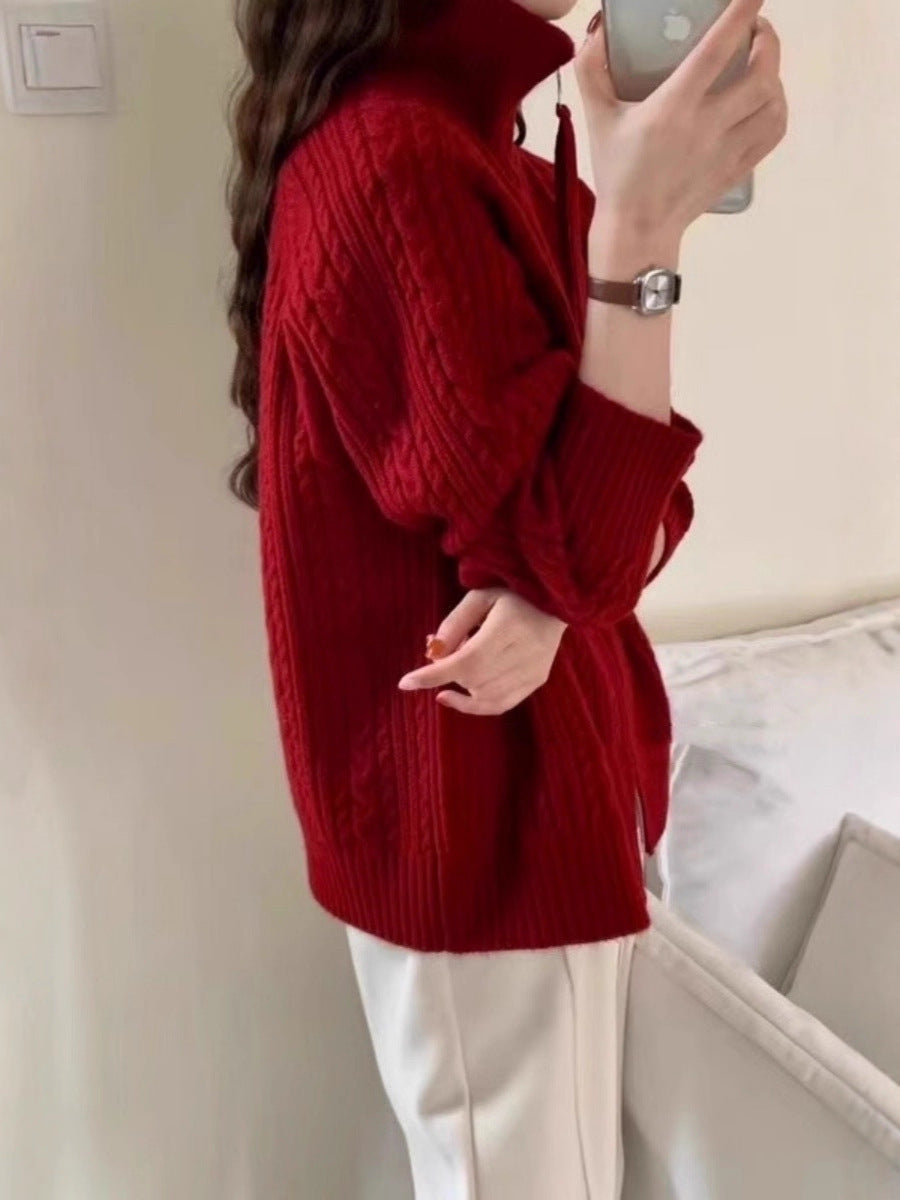 Women's Kastiger Cable Knit Cardigan with Two-Way Zipper, Stand Collar and Wide Ribbed Hem Mune Fashion