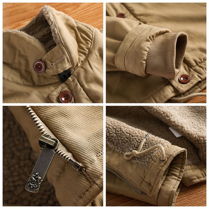 Men's military-inspired canvas jacket with teddy collar, insulating inner lining, and drawstring hood