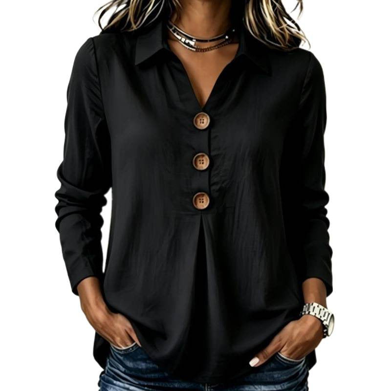 Women's long sleeve blouse with wooden button placket and front pleat Mune Fashion