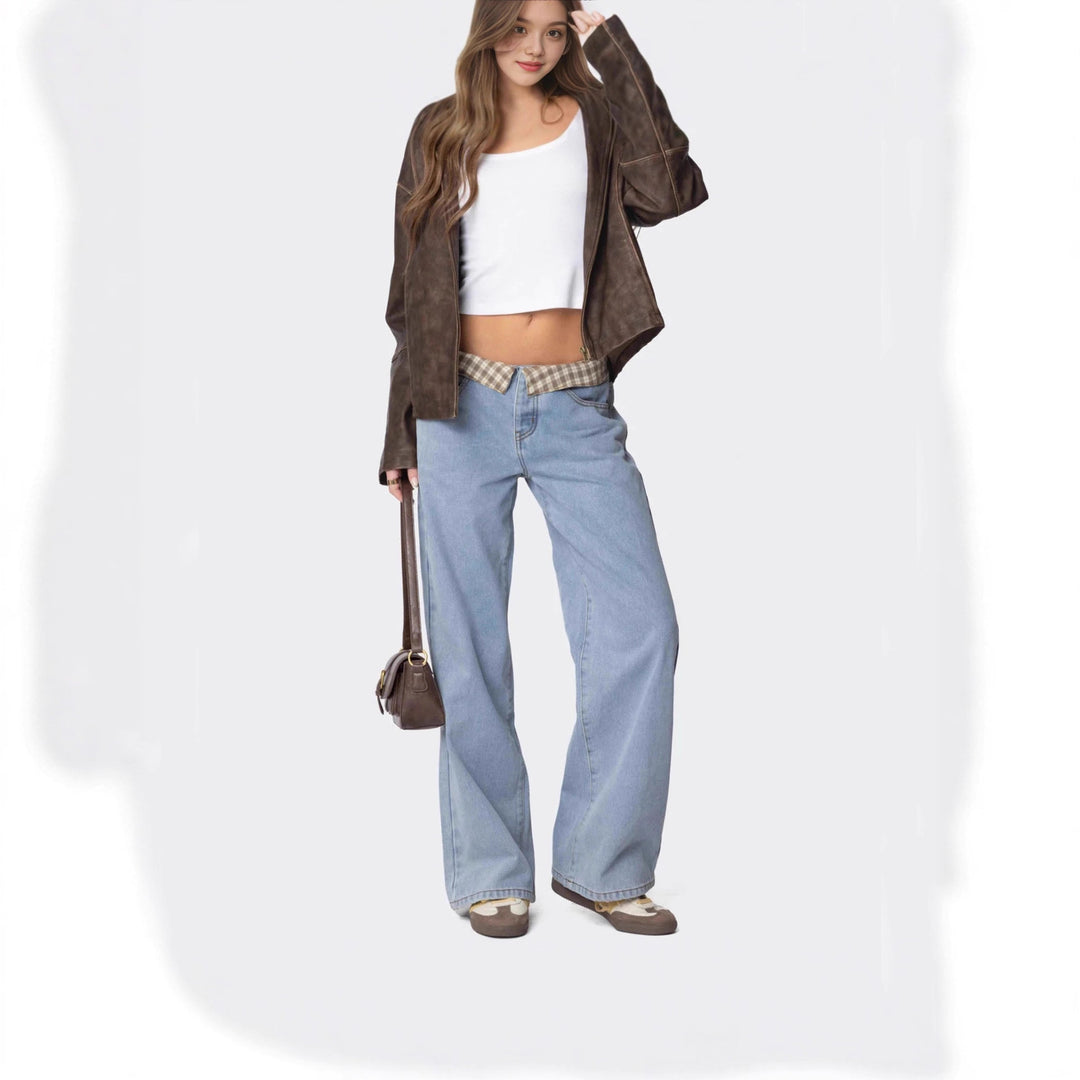 Women's wide flared jeans with turned-up check waistband and classic five-pocket cut Mune Fashion
