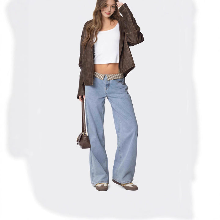 Women's wide flared jeans with turned-up check waistband and classic five-pocket cut Mune Fashion