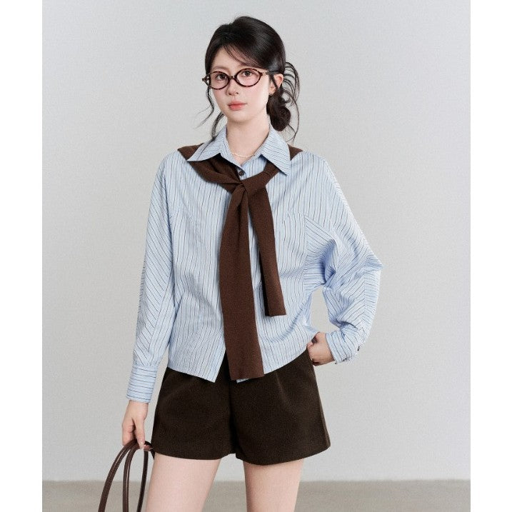 Women's oversized shirt blouse with fine pinstripes, wide sleeves, and casual hem Mune Fashion