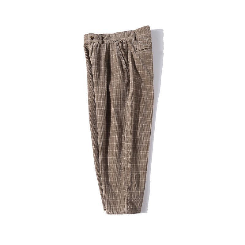 Men's Wide Cord Pants with Pleats, Cropped Cut and Check Pattern Mune Fashion