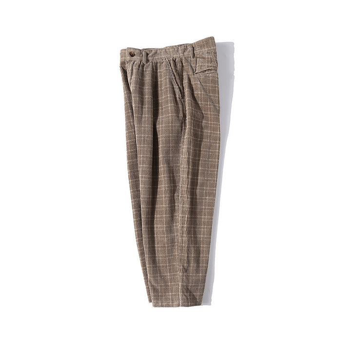 Men's Wide Cord Pants with Pleats, Cropped Cut and Check Pattern Mune Fashion