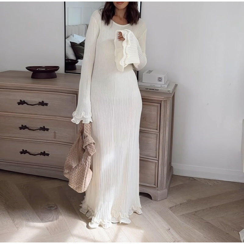 Women's Ribbed Maxi Dress with Long Sleeves, Ruffle Cuffs and Ruffle Hem Mune Fashion