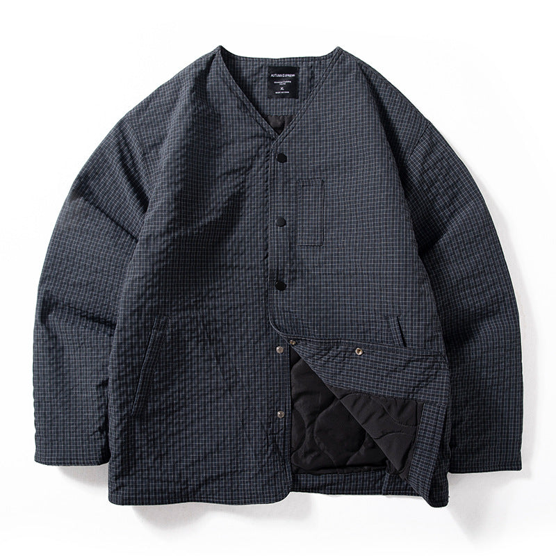 Men's quilted jacket without a collar with snap button closure and side insert pockets Mune Fashion
