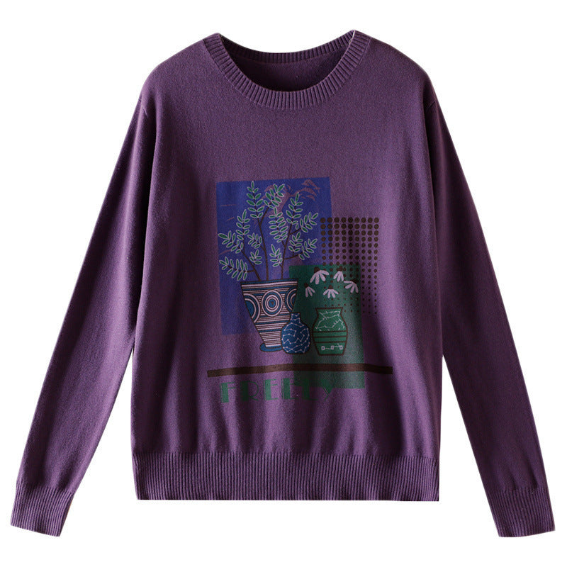 Women’s Lightweight Round Neck Sweater with Graphic Plant Print and Fine Knit Mune Fashion