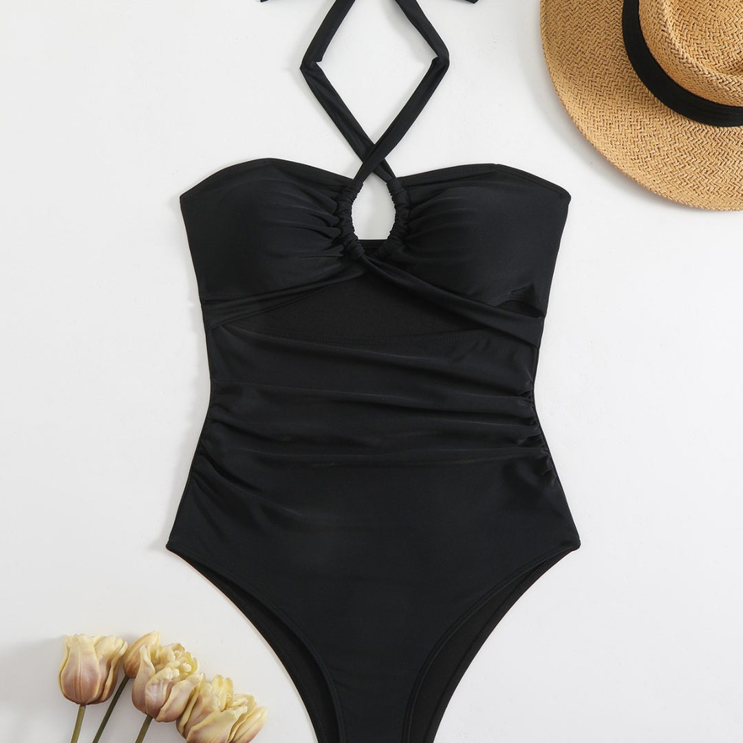Women's One-Piece Swimsuit with Elegant Ruffle Details and Innovative Halter Neck Mune Fashion