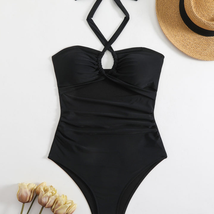 Women's One-Piece Swimsuit with Elegant Ruffle Details and Innovative Halter Neck Mune Fashion