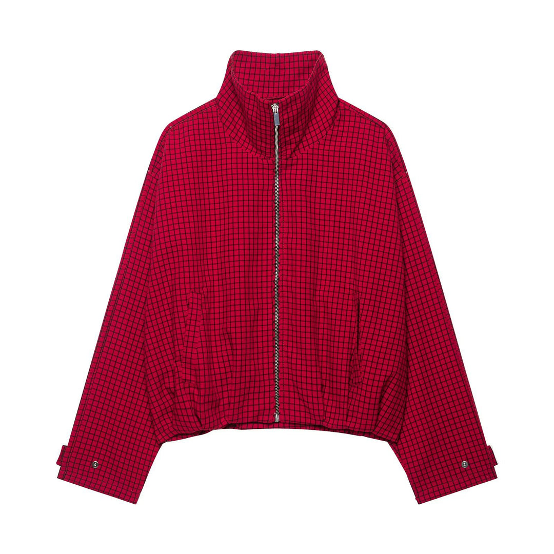Women's Cropped Transition Jacket with High Funnel Collar, Check Pattern and Elastic Hem Mune Fashion