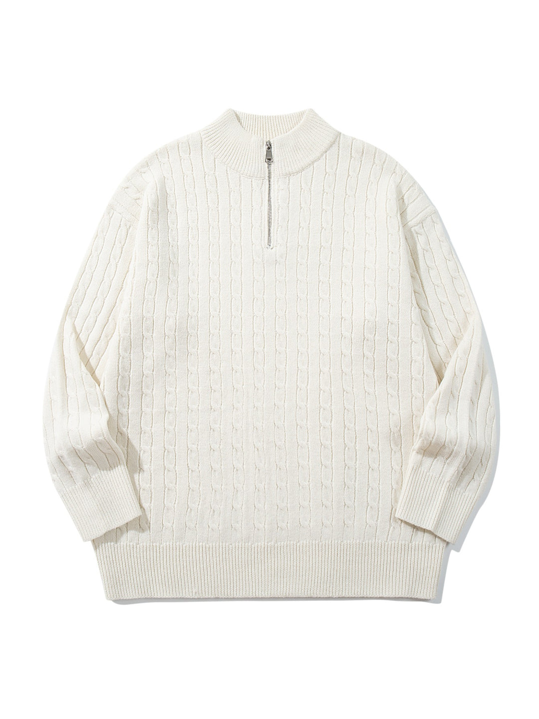 Unisex Cable Pattern Half-Zip Knit Sweater with High Ribbed Collar and Longer Hem Down
