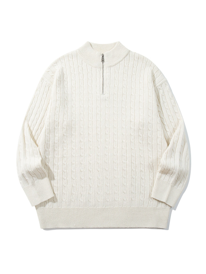Unisex Cable Pattern Half-Zip Knit Sweater with High Ribbed Collar and Longer Hem Down