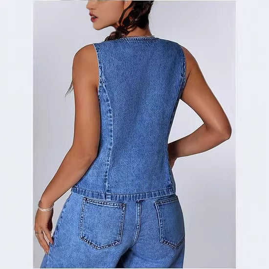 Women's Fitted Denim Vest with V-Neck and Tie Detail Mune Fashion