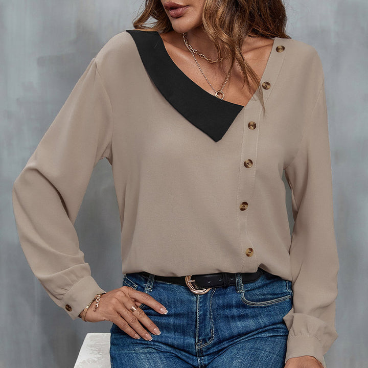 Women's Asymmetric Chiffon Blouse with Contrast Pointed Collar and Side Button Placket Mune Fashion