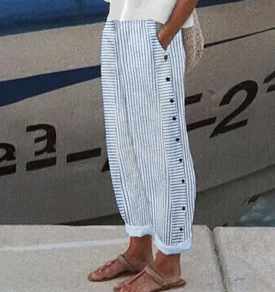 Women Lightweight Striped Trousers with Side Button Plackets and Elastic Waistband Mune Fashion