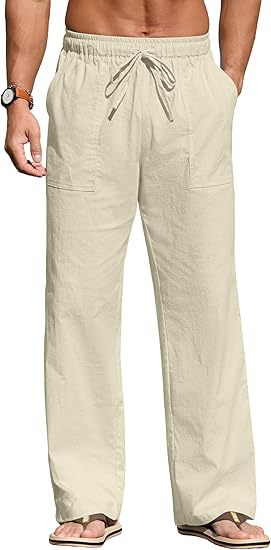 Men's lightweight linen pants with elastic waistband, drawstring, and patch pockets Mune Fashion