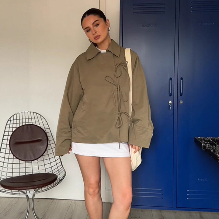 Women's Oversized Shirt Jacket with Decorative Knot Closures and Shirt Collar Mune Fashion