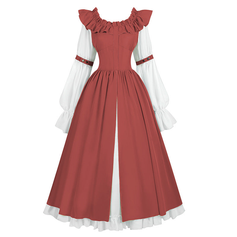 Ladies nan romantic Victorian dress with ruffled collar, tailored corset look, and flared circle skirt Mune Fashion