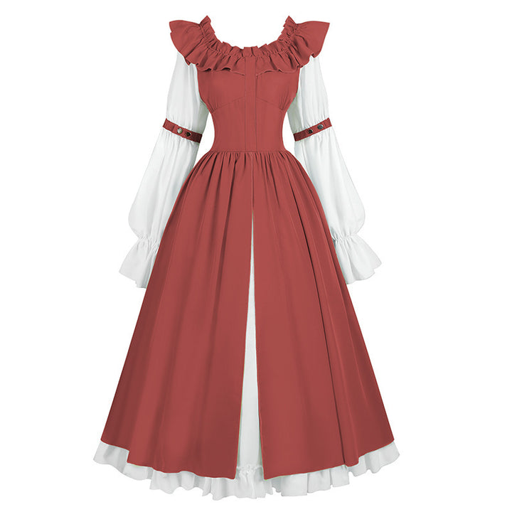 Ladies nan romantic Victorian dress with ruffled collar, tailored corset look, and flared circle skirt Mune Fashion