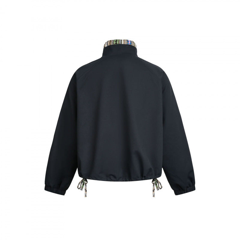 Women Short Tail Bomber Jacket with Stand-Up Collar and Patterned Lining Mune Fashion