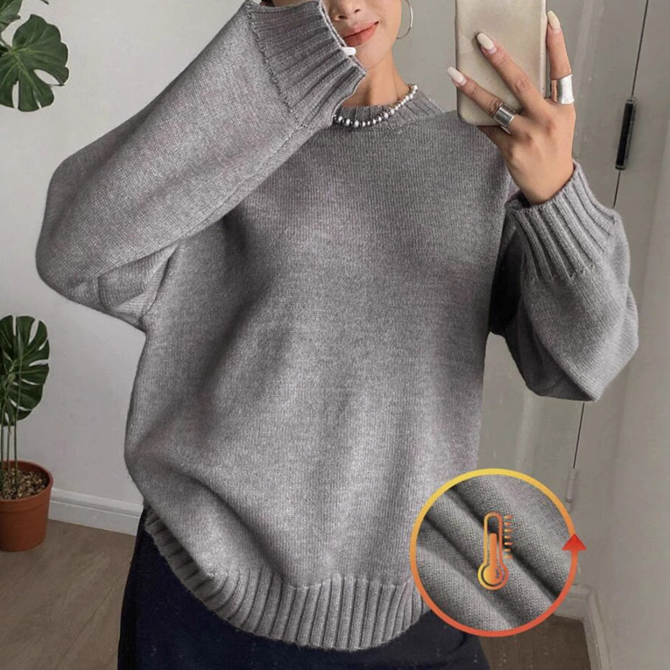 Women's Cashmere-Look Oversized Sweater with Round Neckline and Extended Ribbed Cuffs Mune Fashion